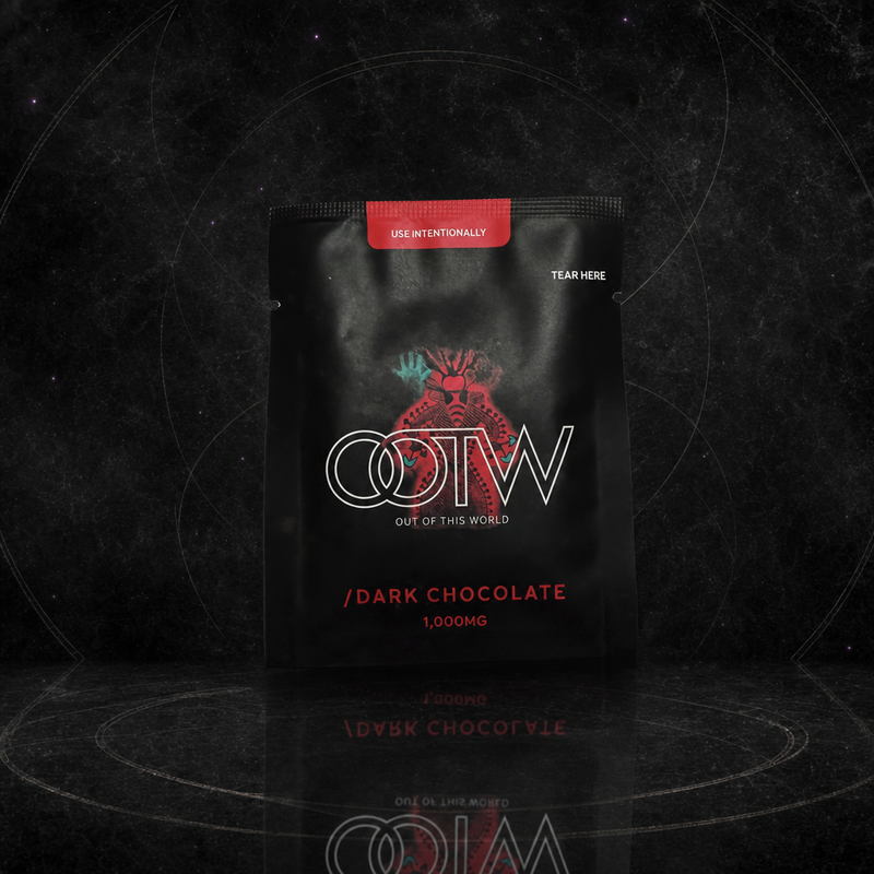 Dark Chocolate Sample Coin — front of the 1,000mg single-serve sachet on a cosmic backdrop